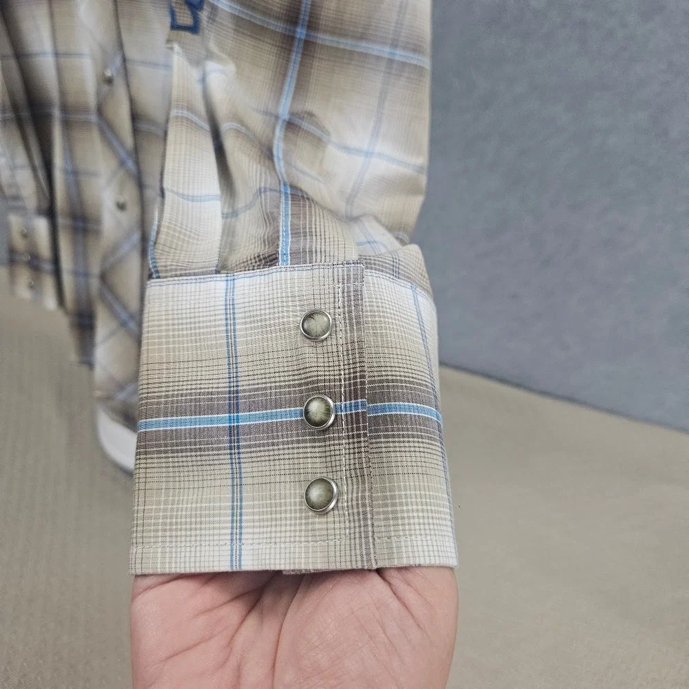 Wrangler Mens Plaid Western Pearl Snap Shirt Embroidered Rodeo Tan Blue L